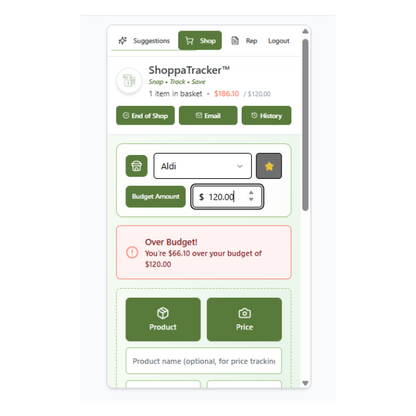 ShoppaTracker app interface showing a shopping basket with Aldi as the store and a budget nearly being met.