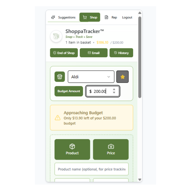ShoppaTracker app interface on a smartphone and favourite store selected and a budget amount set.