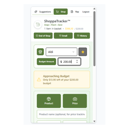 ShoppaTracker app interface on a smartphone and favourite store selected and a budget amount set.