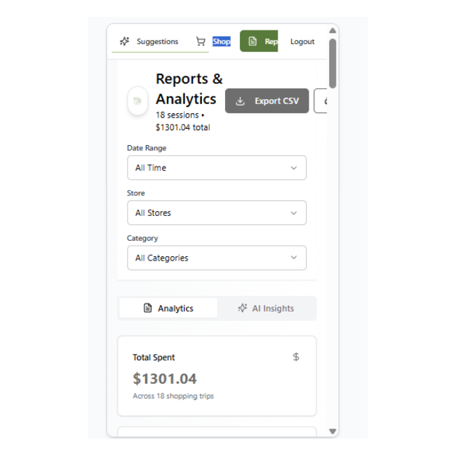 CSV export functionality for downloading and analyzing shopping data