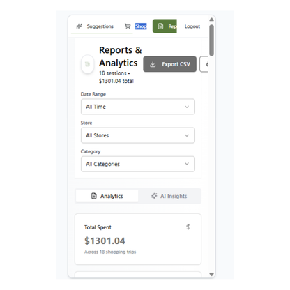CSV export functionality for downloading and analyzing shopping data