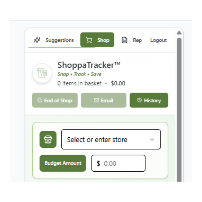 ShoppaTracker interface for shopping tracking with a white background